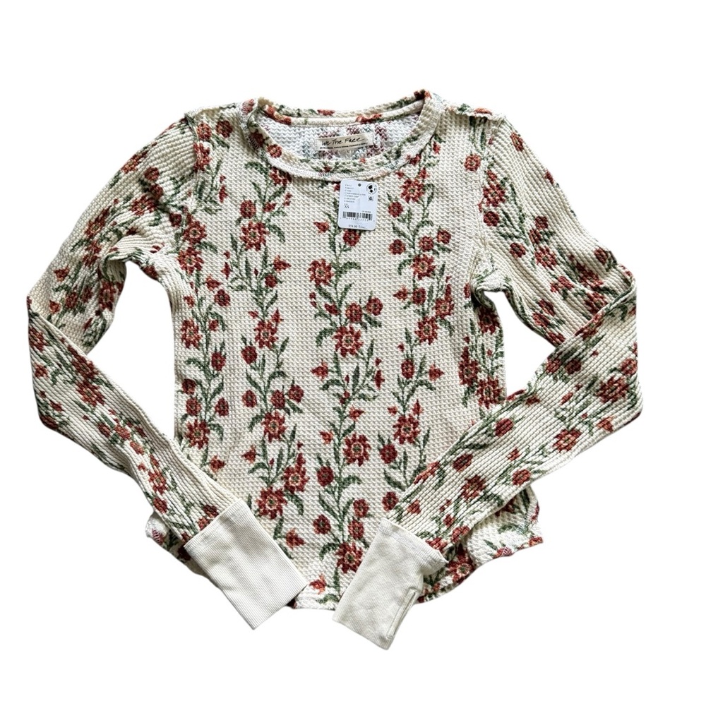 Free People Pretty Little Thermal Floral Print Long Sleeve Top Cream and Red XS - Picture 2 of 6